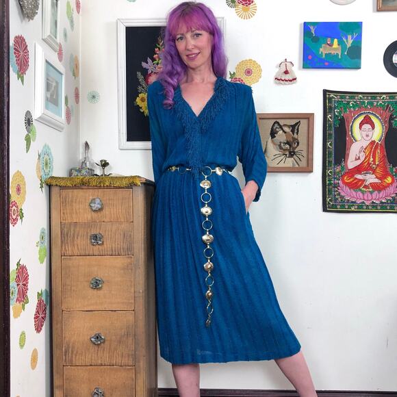 Vintage Turquoise Sweater Dress, 1970s Dolman Sleeve Fringed Knit Dress Size M - Picture 1 of 10
